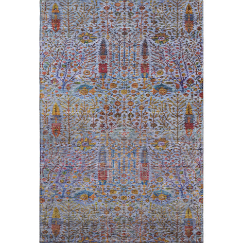 5' X 8' Blue And Red Floral Vines Washable Area Rug With UV Protection