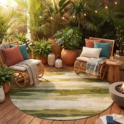 8' Olive Green And Green Round Abstract Washable Indoor Outdoor Area Rug