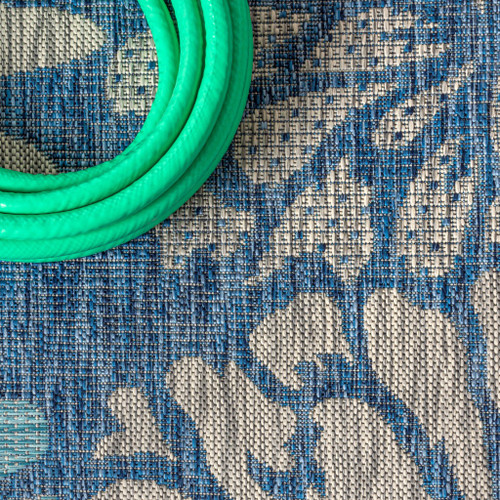 6' Navy Blue And Aqua Square Floral Indoor Outdoor Area Rug