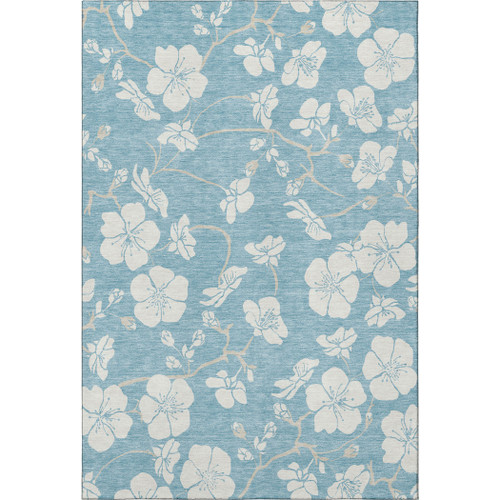 8' X 10' Sky Blue And Ivory Floral Washable Area Rug With UV Protection