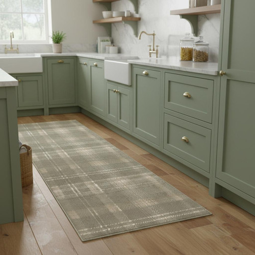 8' Green And Ivory Plaid Runner Rug
