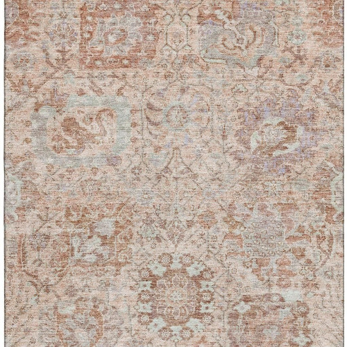 9' X 12' Coral Ivory And Rust Damask Washable Area Rug With UV Protection