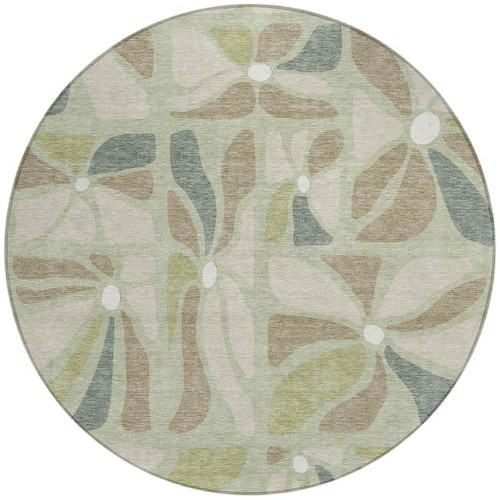 8' Green And Ivory Round Floral Washable Indoor Outdoor Area Rug