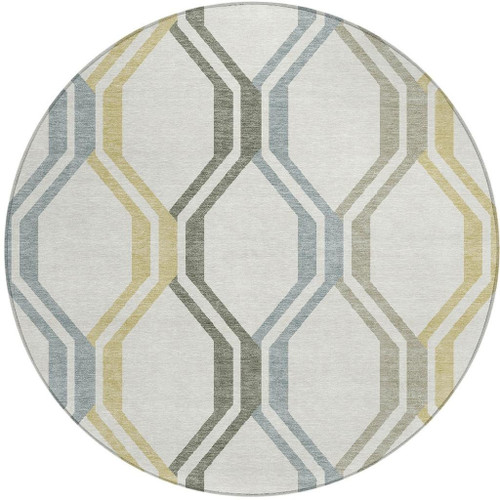 8' Ivory Gray And Wheat Round Geometric Washable Indoor Outdoor Area Rug