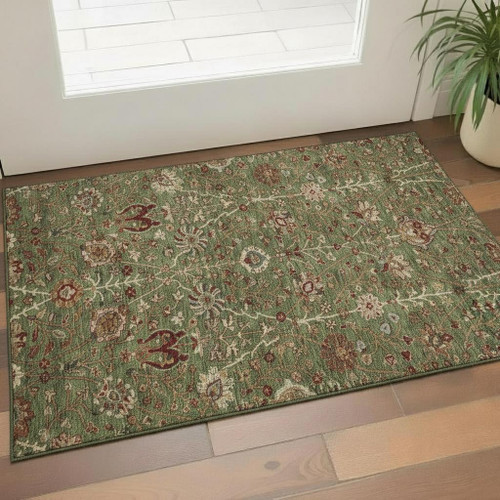 3' X 5' Fern Green Red And Ivory Floral Washable Area Rug With UV Protection