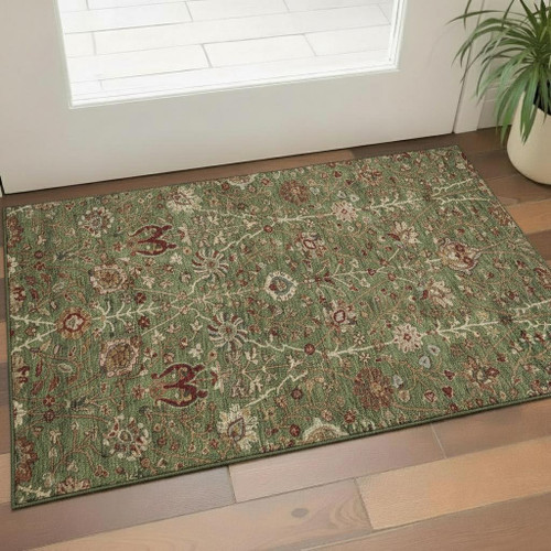 3' X 5' Fern Green Red And Ivory Floral Washable Area Rug With UV Protection