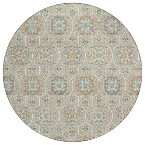 8' Beige And Brown Round Floral Medallion Washable Indoor Outdoor Area Rug