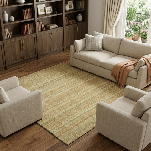 10' X 14' Wheat Gold And Beige Striped Washable Area Rug With UV Protection