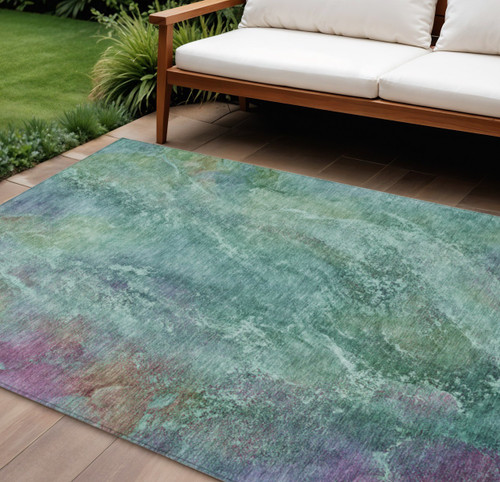 9' X 12' Teal Blue Green And Purple Abstract Washable Indoor Outdoor Area Rug