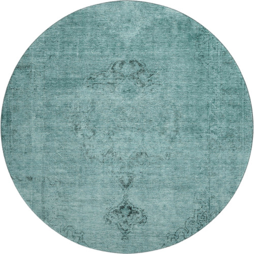 8' Teal And Ivory Oriental Washable Round Rug With UV Protection