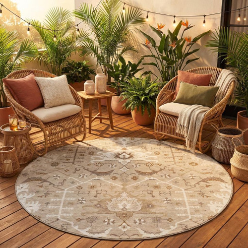8' Beige And Brown Round Oriental Washable Indoor Outdoor Area Rug