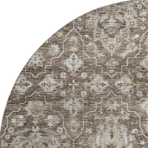 8' Taupe Ivory And Gold Floral Medallion Distressed Washable Round Rug With UV Protection