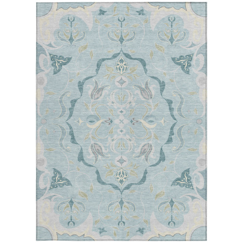 8' X 10' Sky Blue And Blue Damask Washable Indoor Outdoor Area Rug