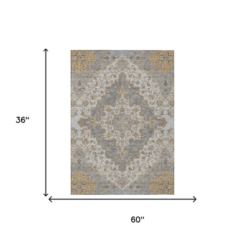 3' X 5' Silver And Gray Medallion Washable Indoor Outdoor Area Rug