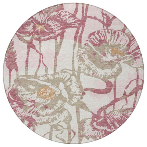 8' Pink And Linen Round Floral Washable Indoor Outdoor Area Rug