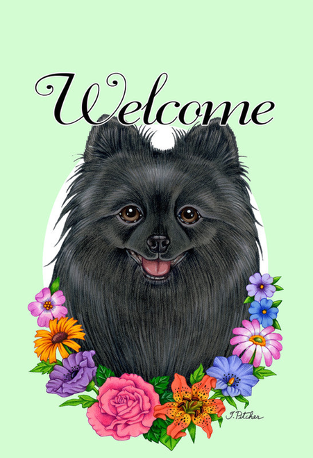 Pomeranian Black- Best of Breed Welcome Flowers Garden Flag 