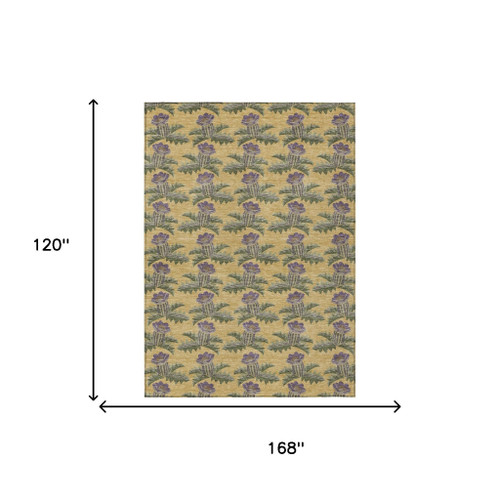 10' X 14' Gold And Khaki Floral Washable Indoor Outdoor Area Rug