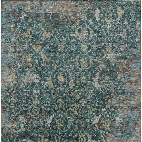 8' X 10' Teal Blue And Gray Damask Washable Indoor Outdoor Area Rug