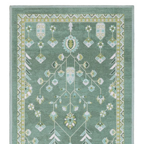 7' Teal And Green Oriental Washable Runner Rug