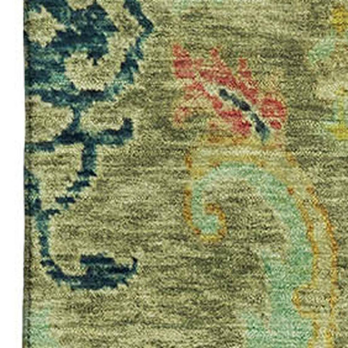 10' X 14' Green Blue And Gold Floral Washable Area Rug With UV Protection