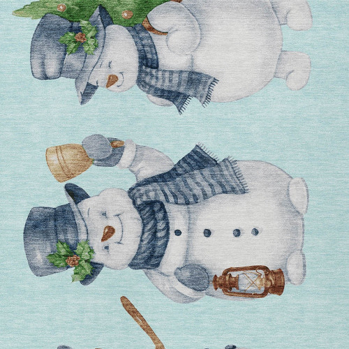 9' X 12' Sky Blue Denim Blue And Ivory Snowmen Washable Indoor Outdoor Area Rug