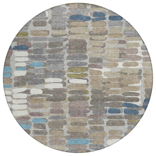 8' Taupe Ivory And Blue Round Abstract Washable Indoor Outdoor Area Rug