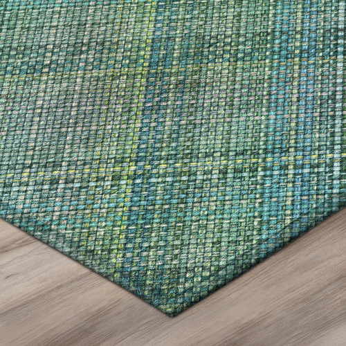 8' Teal Blue And Green Round Plaid Washable Indoor Outdoor Area Rug