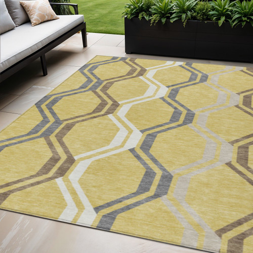 5' X 8' Gold Gray And Ivory Geometric Washable Indoor Outdoor Area Rug