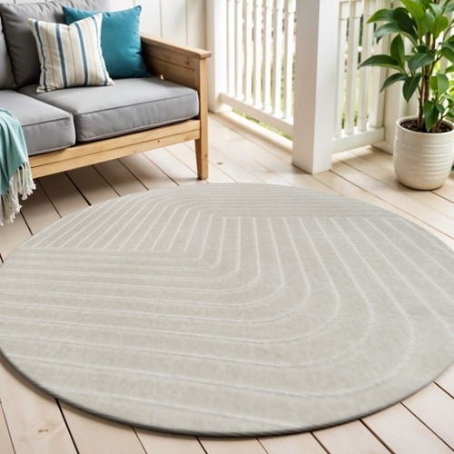7' Ivory And Cream Round Striped Indoor Outdoor Area Rug