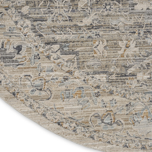 8' Ivory Black And Taupe Floral Medallion Distressed Round Rug With Fringe