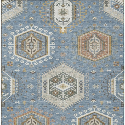 9' X 12' Denim Blue And Beige Tribal Washable Indoor Outdoor Area Rug