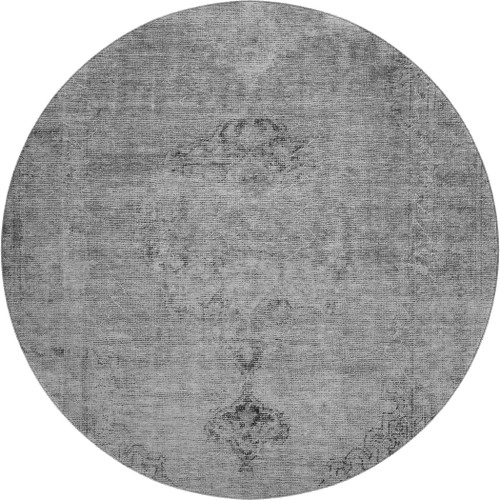 8' Gray And Ivory Oriental Washable Round Rug With UV Protection