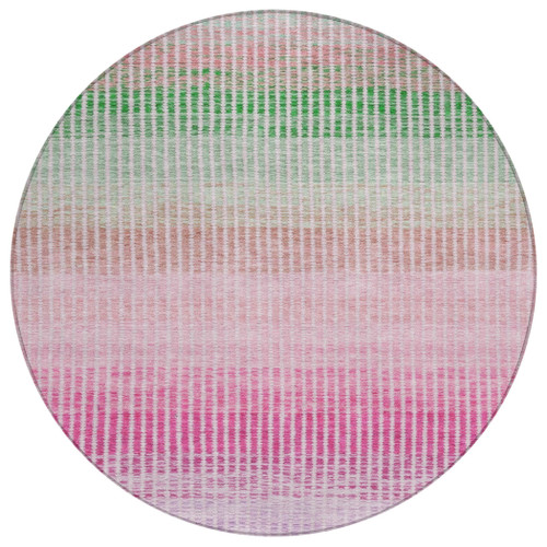 8' Purple Pink And Green Round Striped Washable Indoor Outdoor Area Rug