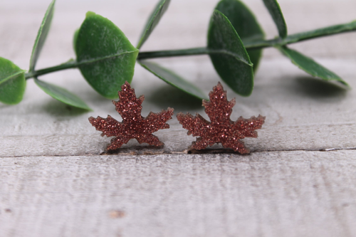 Mauve Glitter Leaf || Stud Earrings || Hypoallergenic