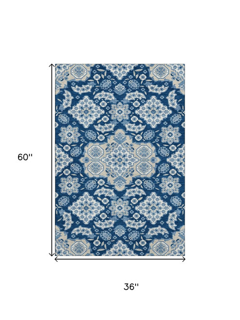 3' X 5' Navy Blue And Ivory Floral Medallion Washable Area Rug With UV Protection