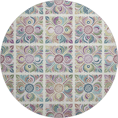 8' Ivory Purple And Teal Medallion Washable Round Rug With UV Protection