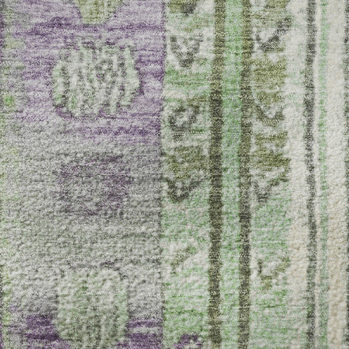 8' Purple Green And Ivory Striped Washable Round Rug With UV Protection