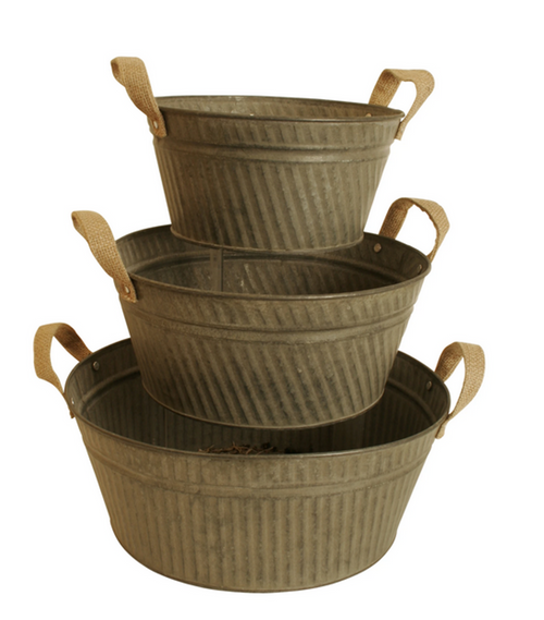 Iron Pail W/ Burlap Hndl Round S/3 - Rustic Gray