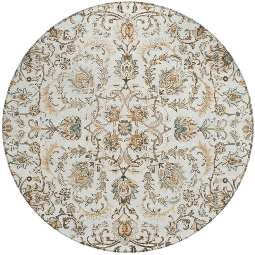 8' Ivory And Beige Round Botanical Leaves Washable Indoor Outdoor Area Rug