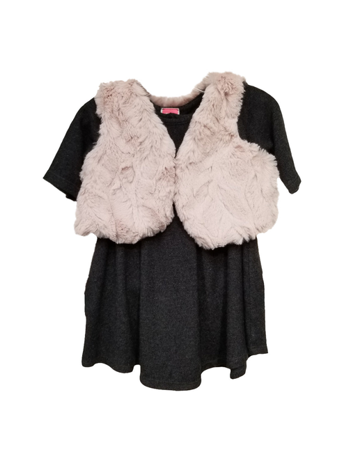 Charcoal Fur Empire Dress With Fur Vest