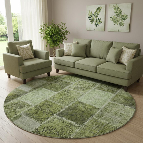 8' Olive Green And Gray Patchwork Washable Round Rug With UV Protection