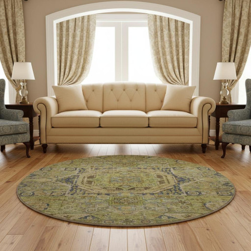 8' Artichoke Green And Blue Oriental Washable Round Rug With UV Protection