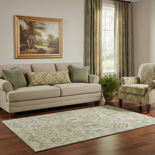 5' X 8' Fern Green And Beige Oriental Washable Area Rug With UV Protection