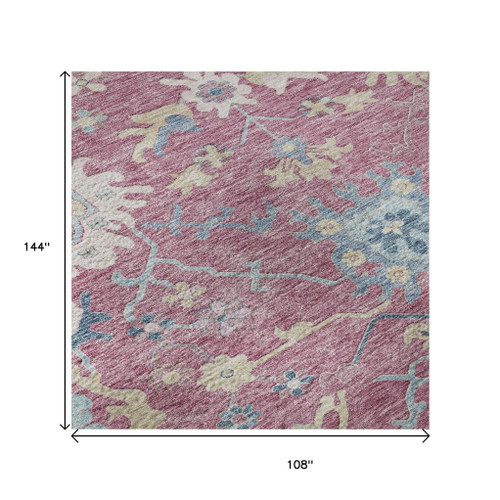 9' X 12' Pink Blue And Beige Floral Washable Area Rug With UV Protection