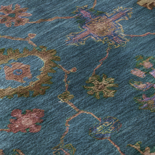 9' X 12' Teal And Blush Oriental Washable Area Rug With UV Protection