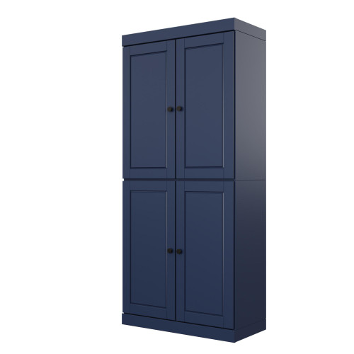 72" Navy Blue Solid Wood Adjustable Six Tier Library Bookcase with Four Doors