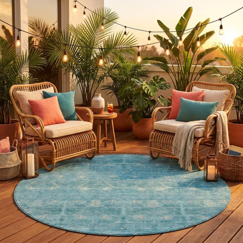 8' Blue And Teal Blue Round Tribal Washable Indoor Outdoor Area Rug