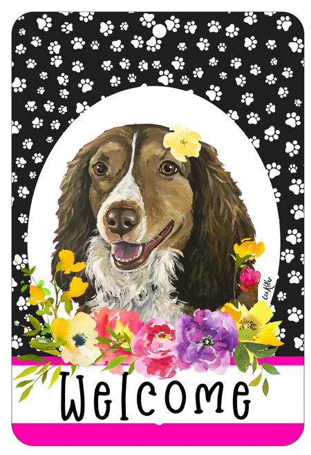Brittany Spaniel - HHS Paw Prints Welcome Indoor/Outdoor Aluminum Sign 