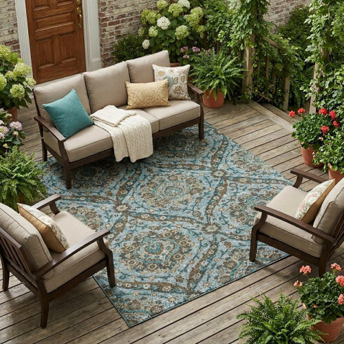 9' X 12' Teal Blue And Blue Floral Washable Indoor Outdoor Area Rug