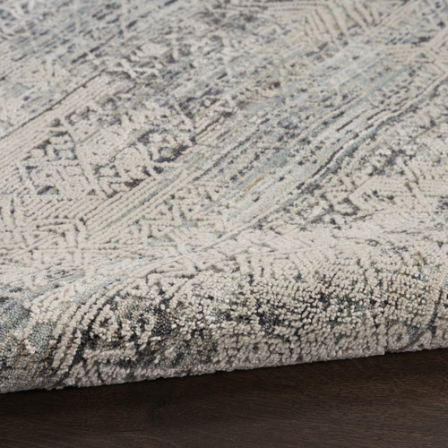 8' Ivory And Blue Geometric Distressed Round Rug With Fringe